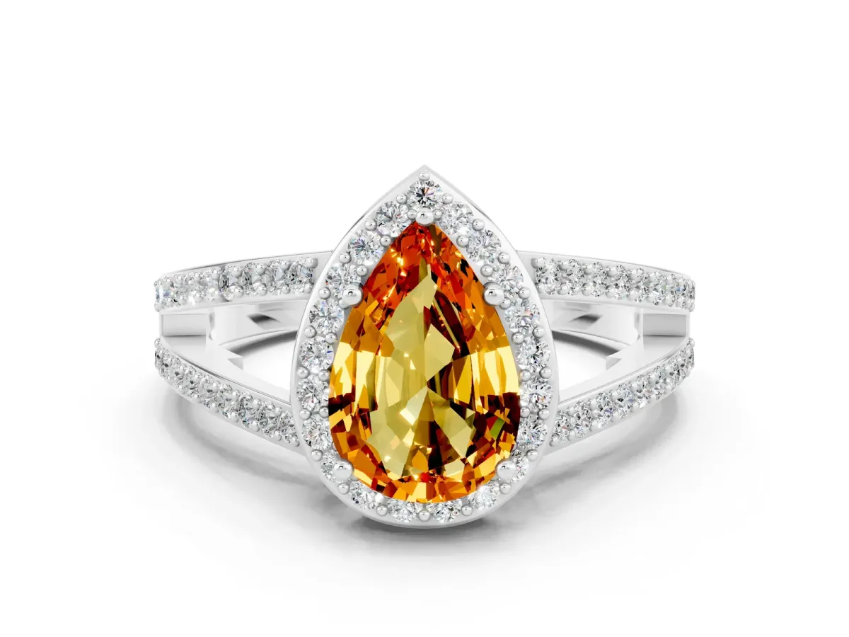 Pear Cut Citrine Halo Ring with Split Shank U-Prong Band and Four-Prong Setting Platinum