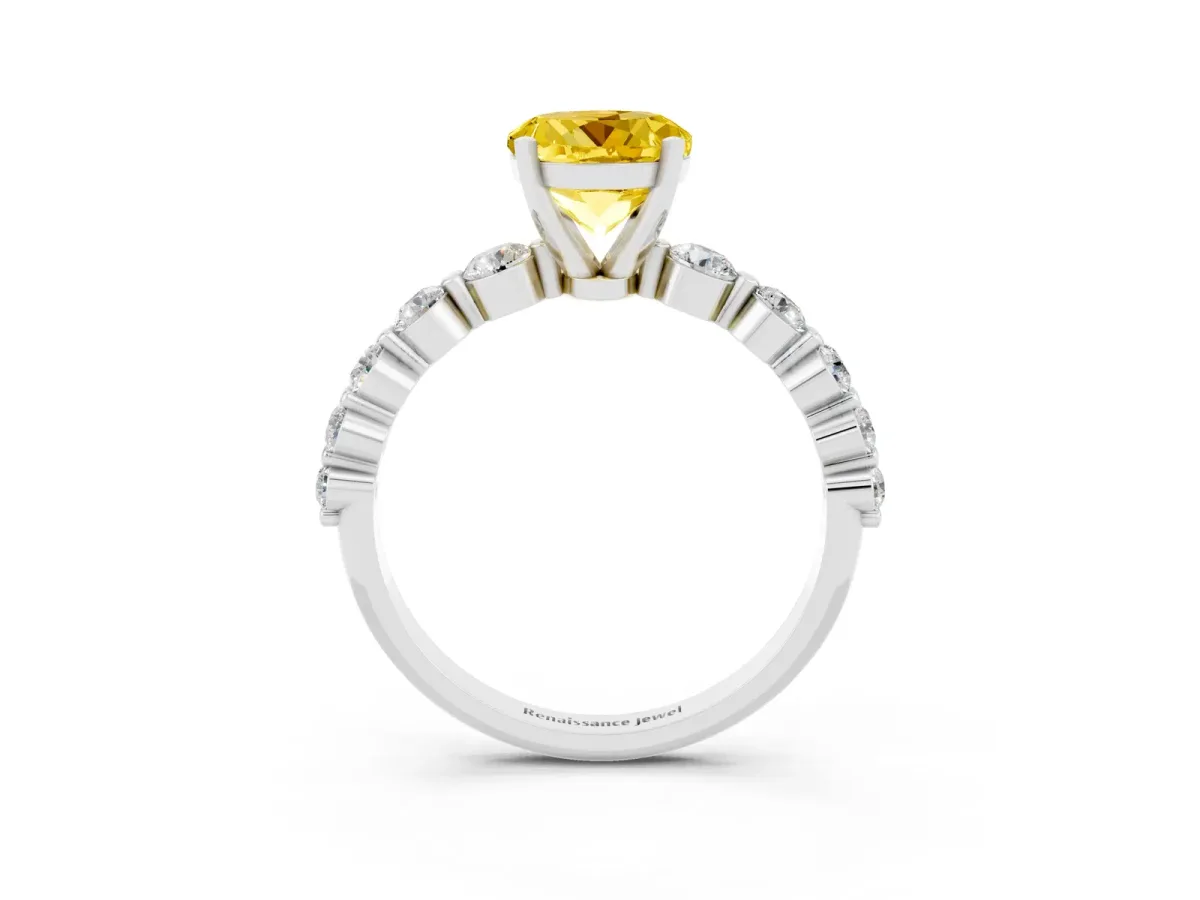 Round Cut Solitaire Yellow Sapphire Ring with Pave Band and Four-Prong Setting Silver