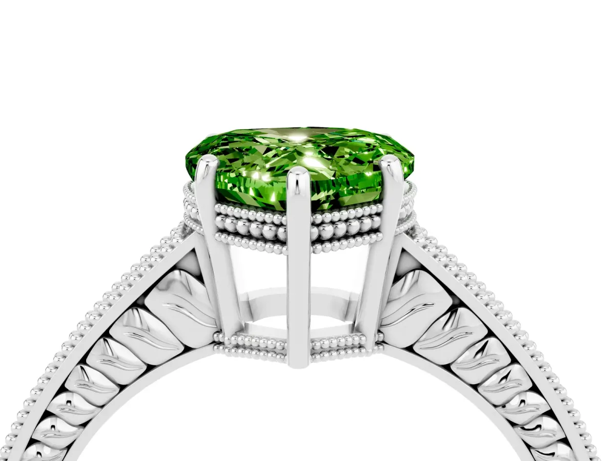 Heart Cut Peridot Ring with Milgrain Pavé Band and Four-Prong Setting Platinum