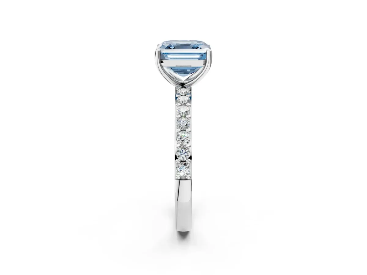 Fancy Blue Asscher Cut Cut Diamond Solitaire with Pave Band and Four-Prong Setting Platinum