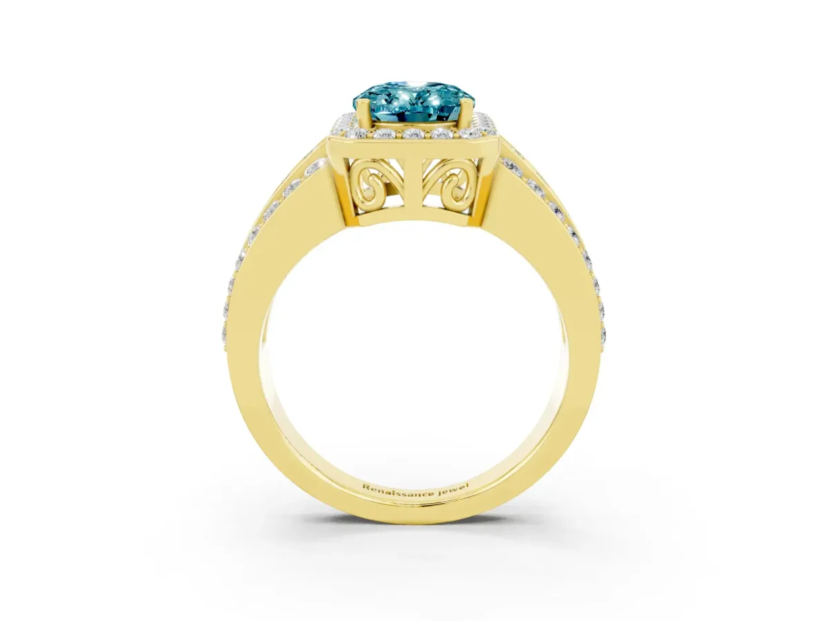 Oval Cut Halo Blue Topaz Ring with Round Split Shank and Prong Setting Yellow gold