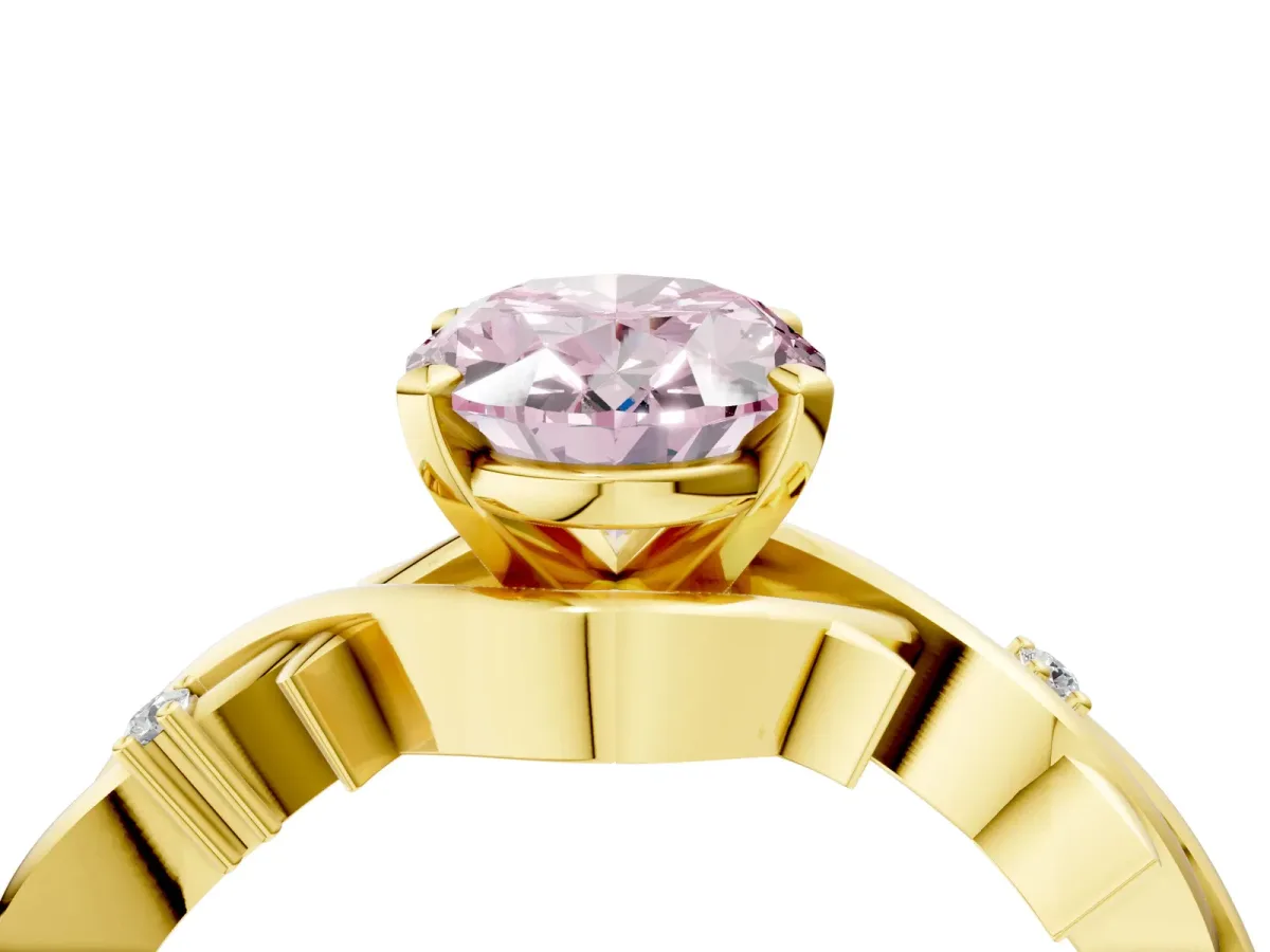 Fancy Pink Oval Cut Diamond Solitaire Ring with Twisted Band and Prong Setting Yellow gold