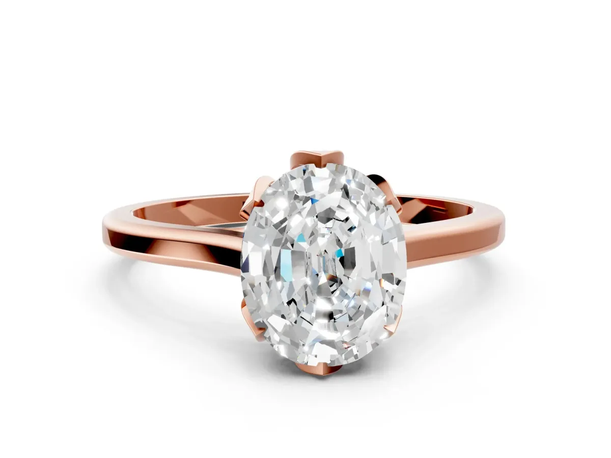 Oval Cut Diamond Solitaire Ring with Flower Prong Setting and Classic Band Rose gold