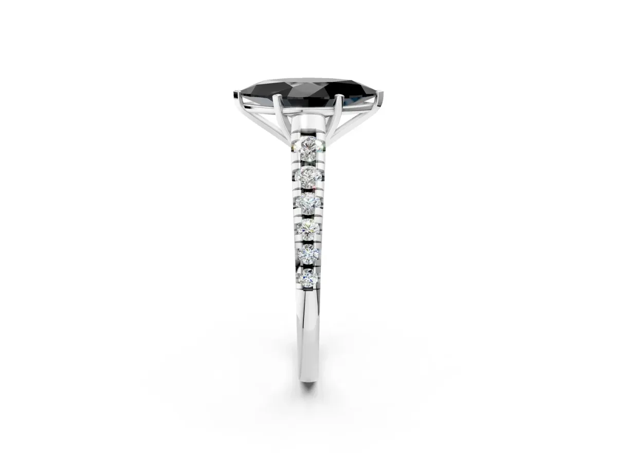 Fancy Black Marquise Cut Diamond Cathedral Solitaire Ring with Round Pavé Band Silver