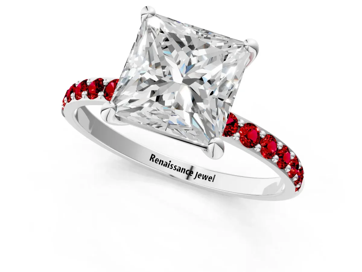 Princess Cut Diamond Solitaire Ring with Round Ruby Pavé Band and Prong Setting Silver