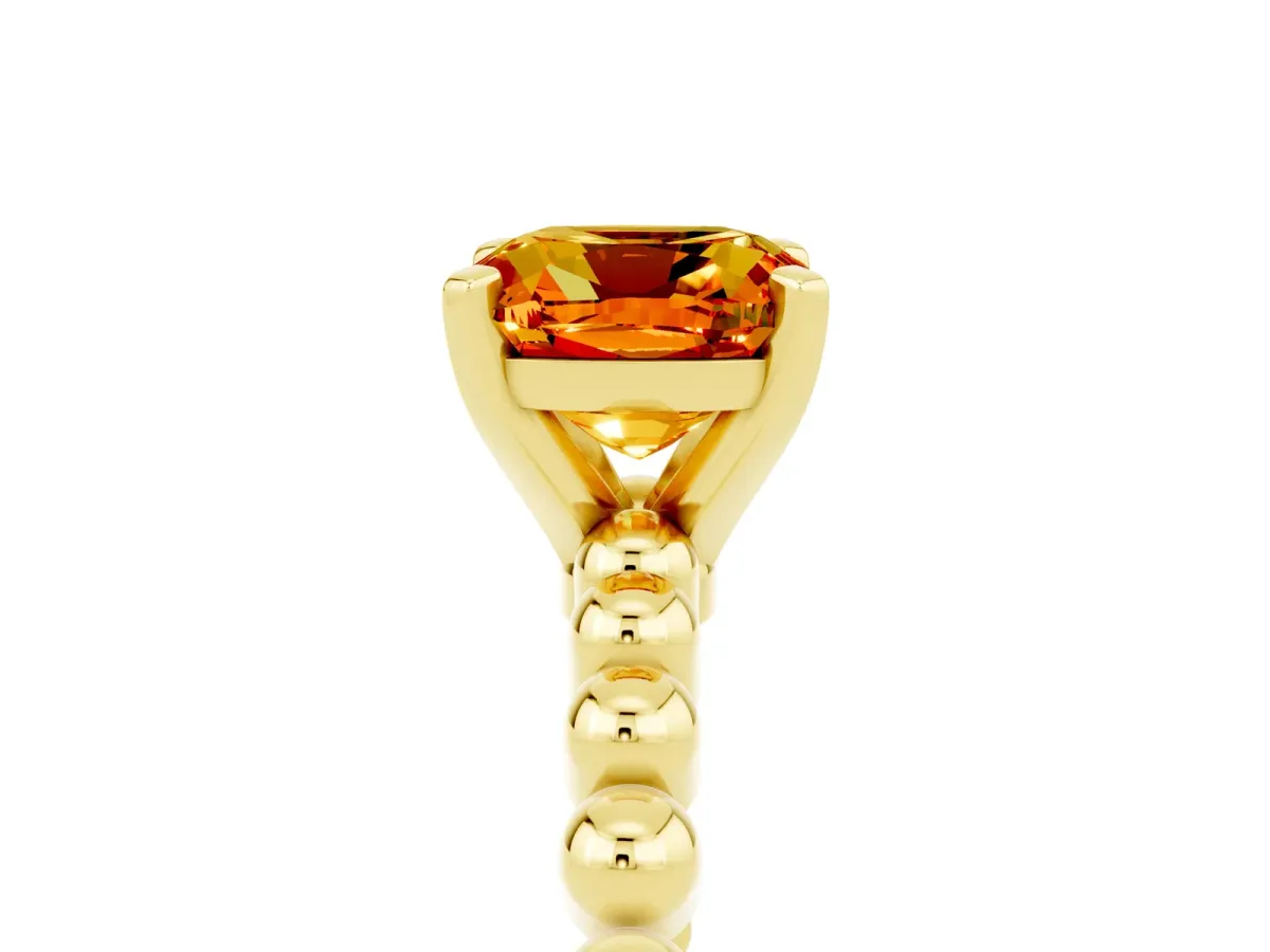Cushion Cut Citrine Solitaire Ring with Beaded Band and Prong Setting Yellow gold