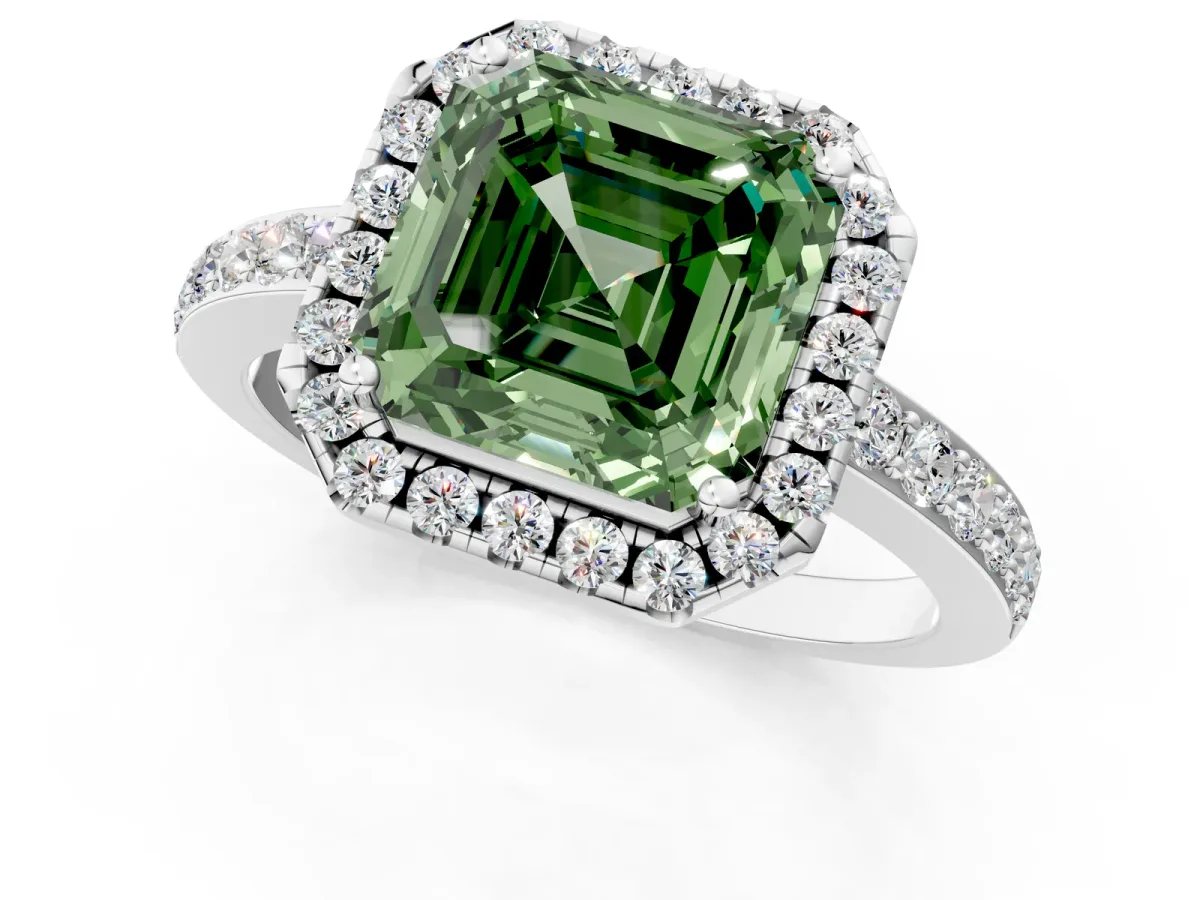 Fancy Green Asscher Cut Halo Diamond Pavé Band Ring with Prong Setting Silver