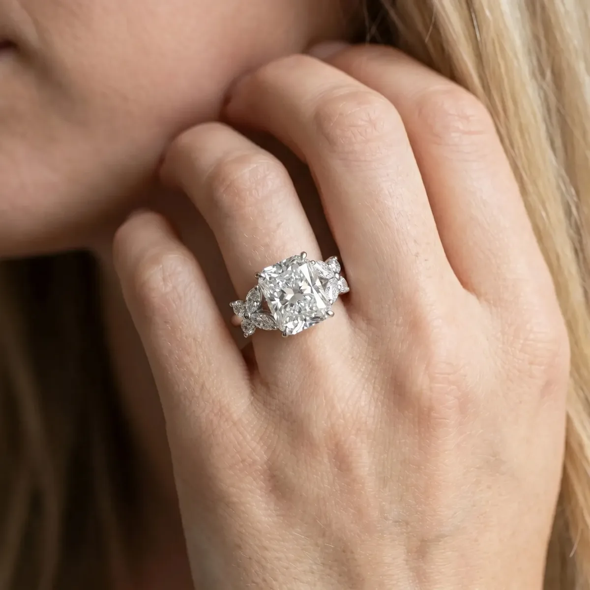 Radiant Cut Diamond Floral Cluster Ring with Solitaire Band and Prong Setting Platinum