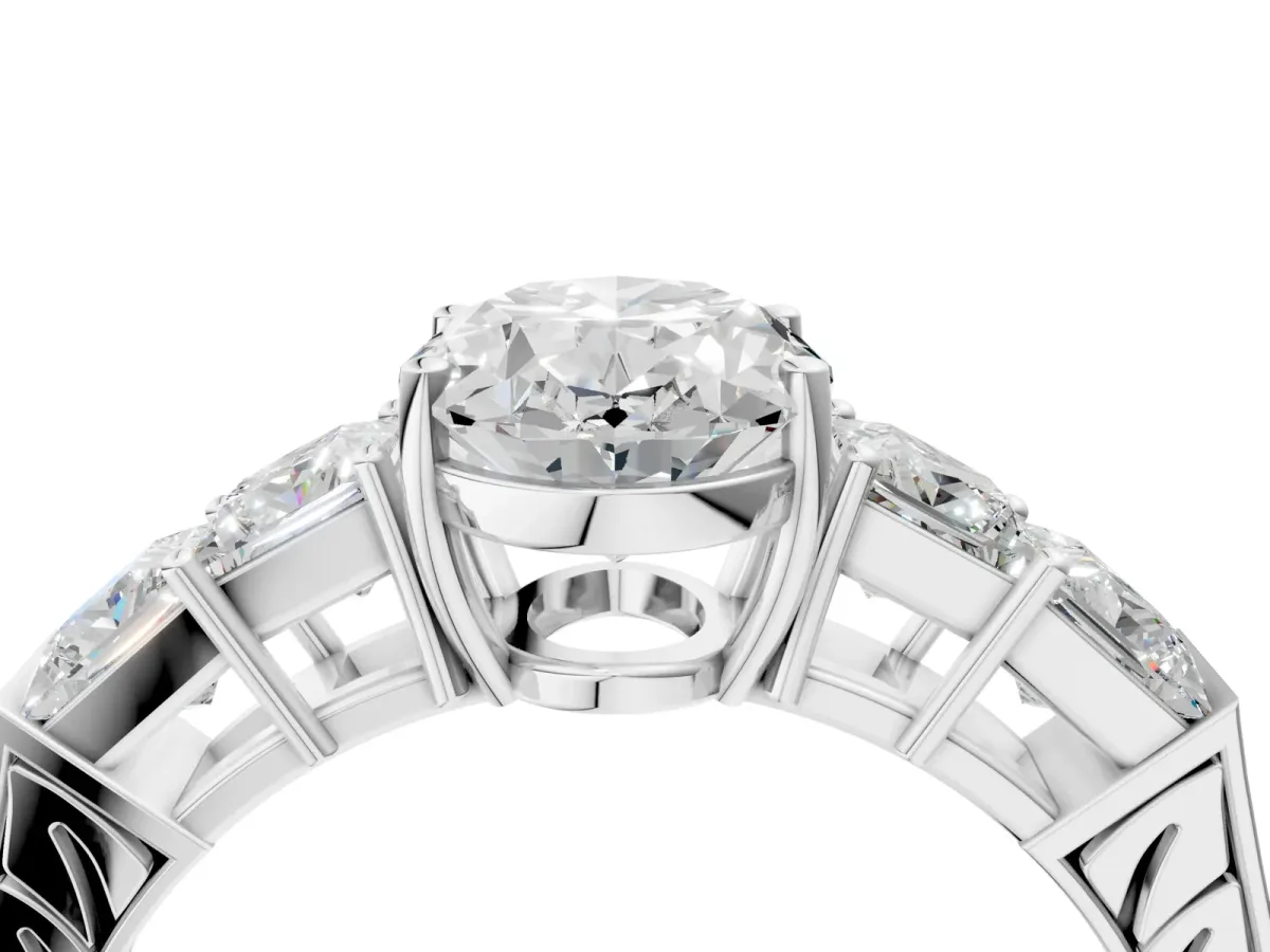 Oval Cut Solitaire Princess Side Stone Engraved Band Prong Setting Ring Silver