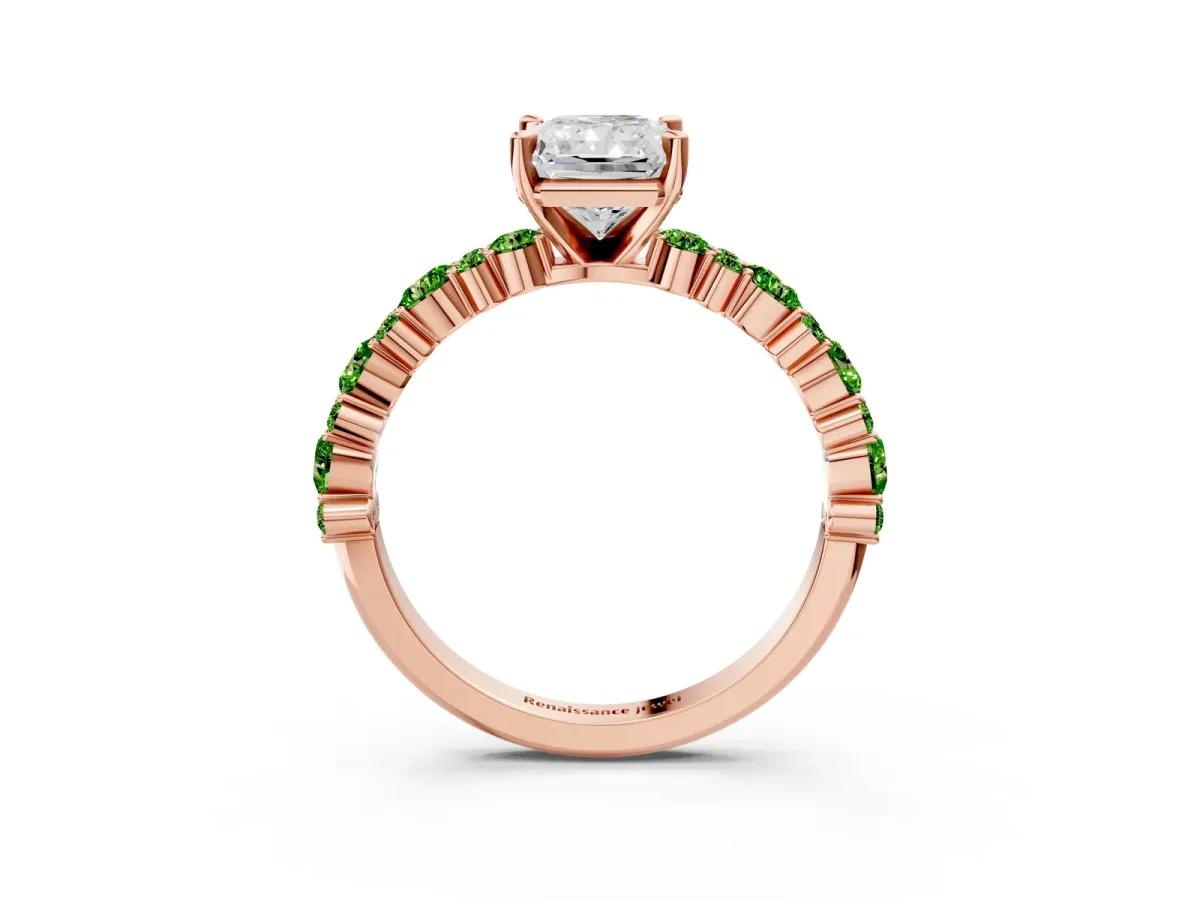 Radiant Cut Diamond Side Stone Solitaire Ring with Round Peridot and Four-Prong Setting Rose gold