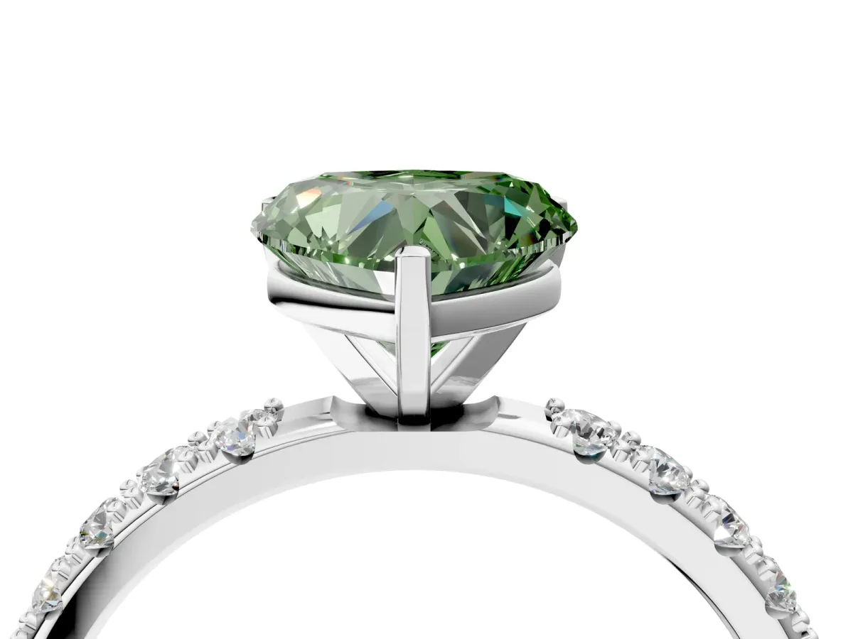 Fancy Green Heart Cut Diamond Solitaire Pavé Band with Four-Prong Setting Silver