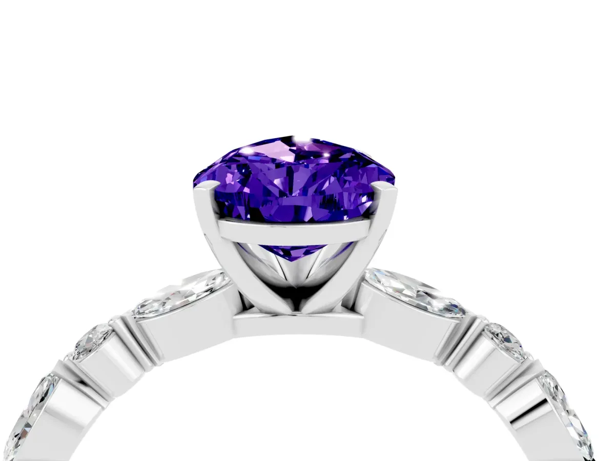 Pear Cut Tanzanite Ring with Marquise and Round Side Stones and Four-Prong Setting Silver