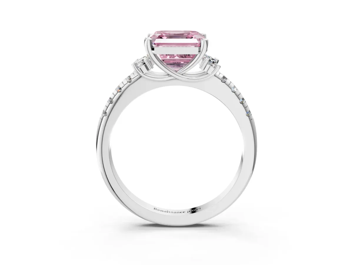 Fancy Pink Asscher Cut Diamond Three-Stone Pave Band with Four-Prong Setting Platinum