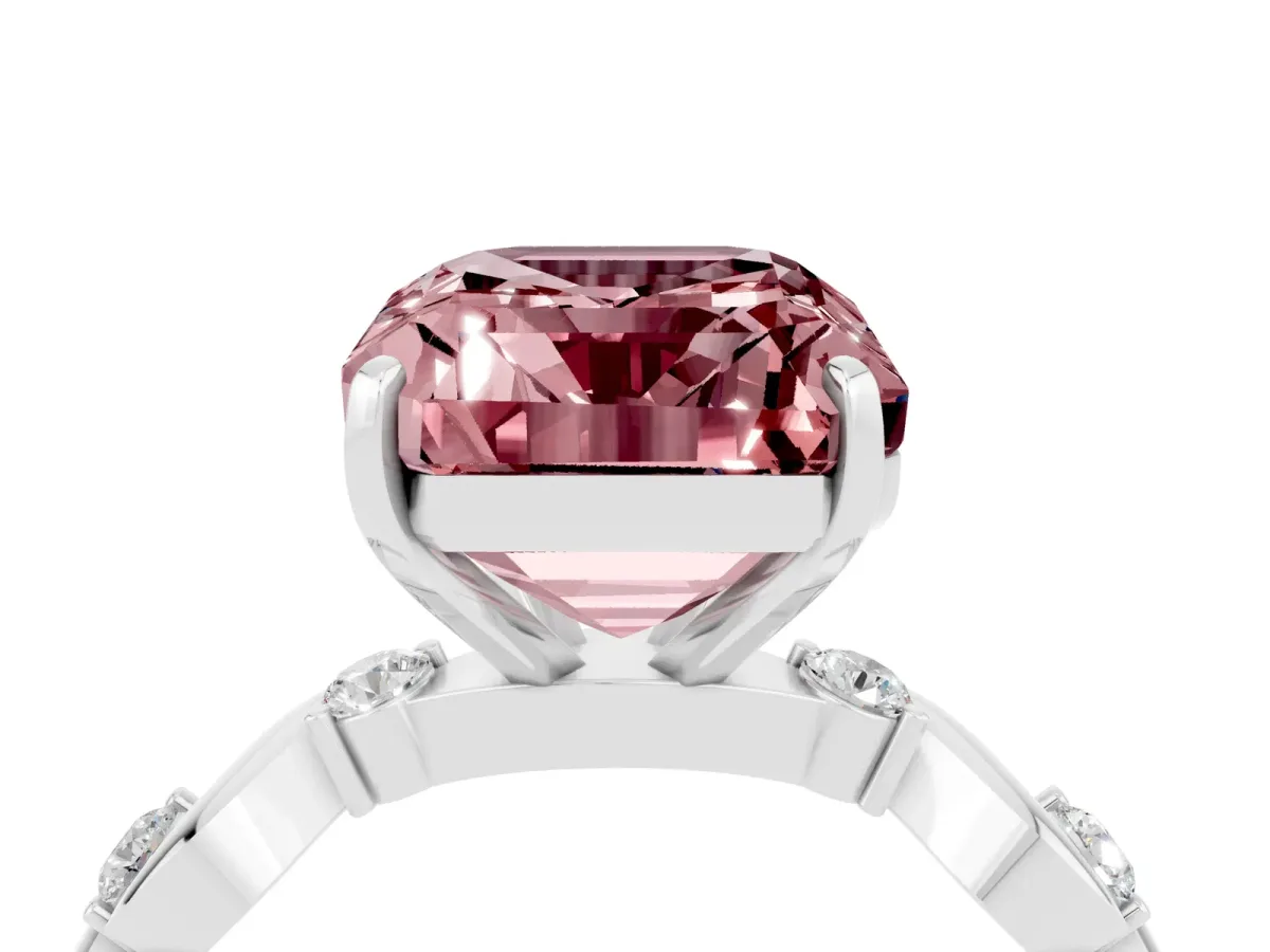 Emerald Cut Morganite Solitaire Twisted Band with Round Accents and Prong Setting Silver