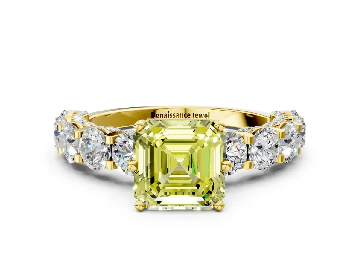Fancy Yellow Asscher Cut Diamond Side Stone Engagement Ring with Four-Prong Setting Yellow gold