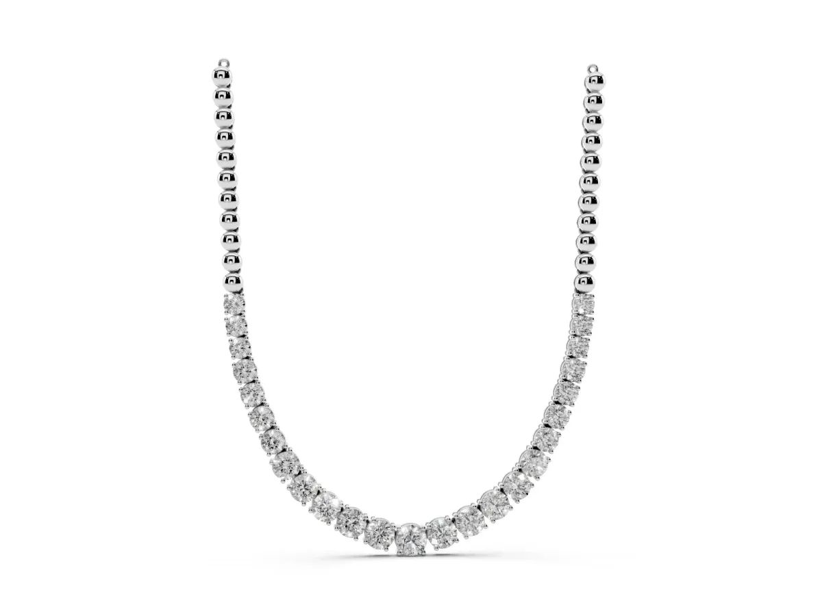 Round Diamond Tennis Necklace with Prong Setting and Bead Chain Silver