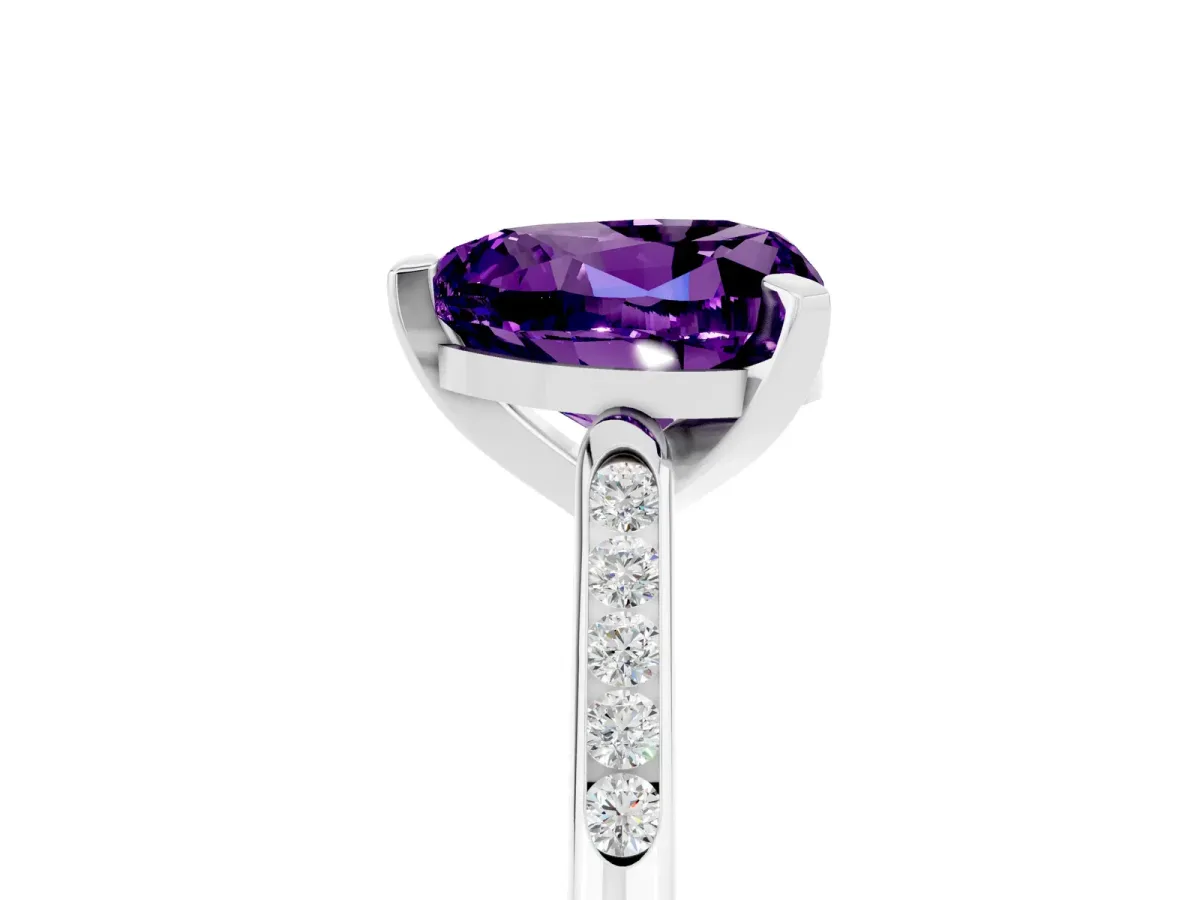 Heart Cut Amethyst Solitaire Ring with Channel Set Round Band and Prong Setting Silver
