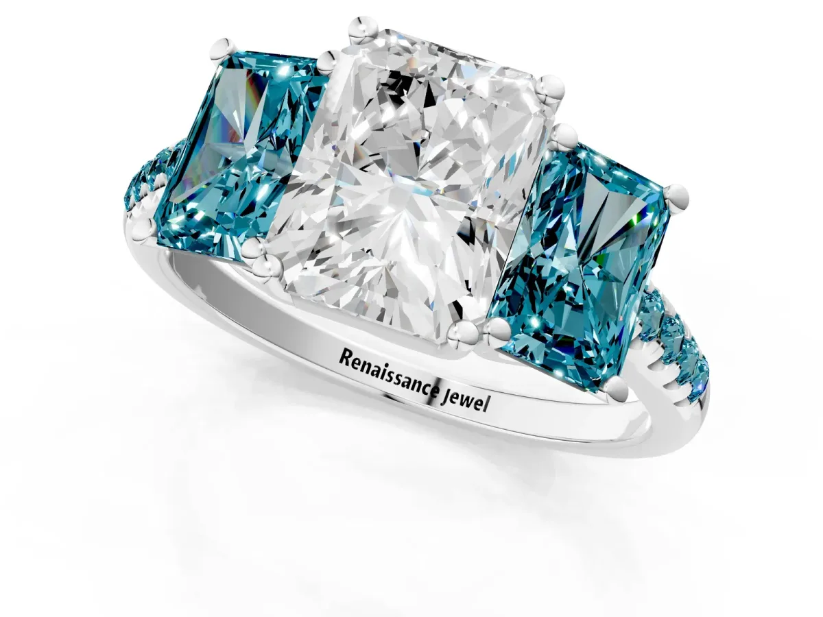 Three-Stone Radiant Cut Diamond Ring with Round Blue Topaz Pavé Band and Prong Setting Silver