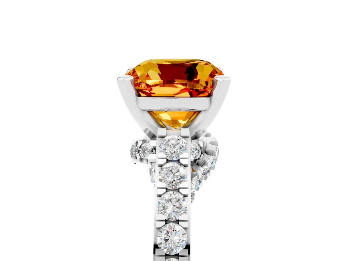 Cushion Cut Citrine Solitaire Ring with Crossover Gallery and Round Pavé Band Silver