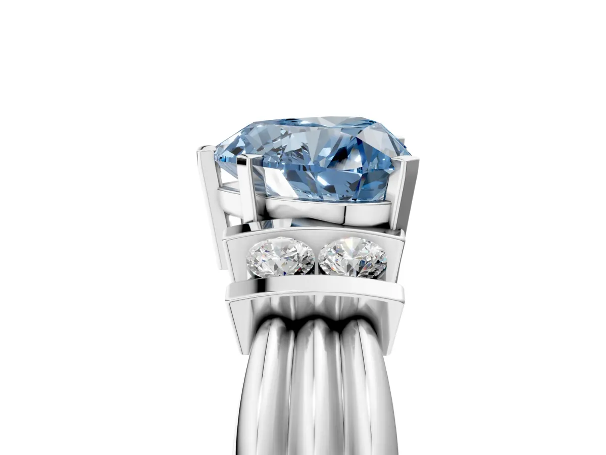 Fancy Blue Heart Cut Cut Three-Stone Channel Set Ring with Bar Prongs Platinum