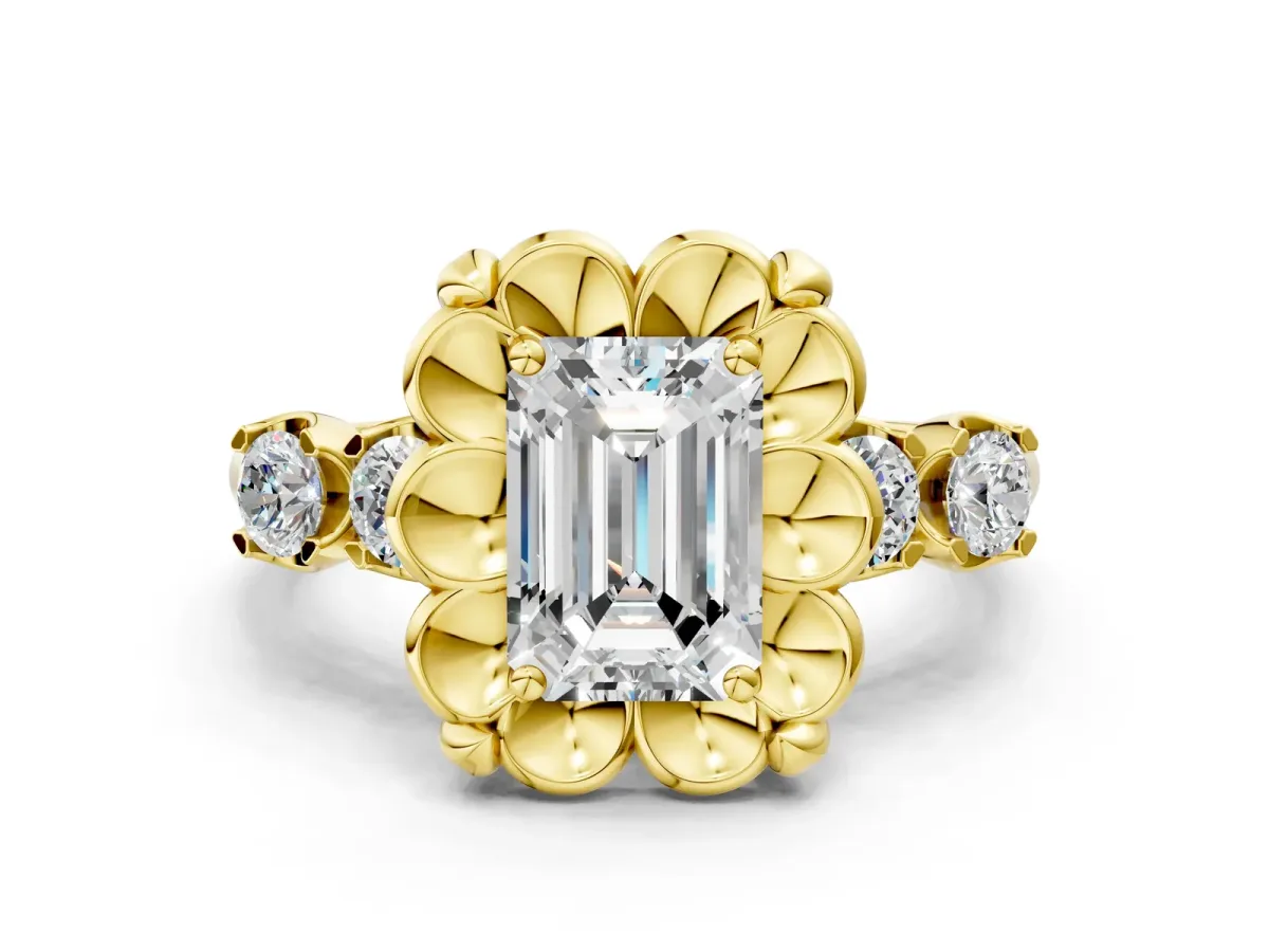 Emerald Cut Cut Diamond Floral Halo Engagement Ring with Shared Prong Setting Yellow gold