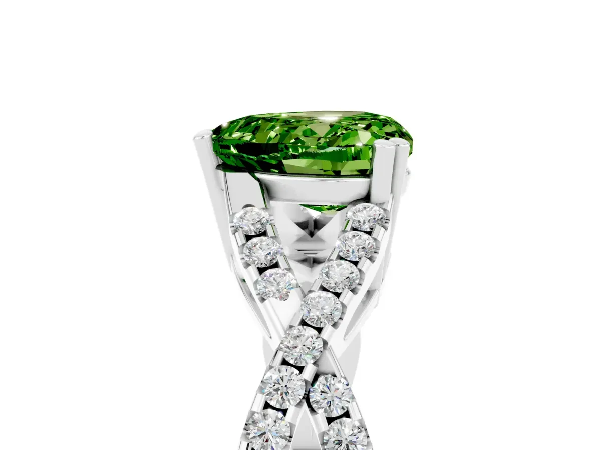 Heart Cut Peridot Solitaire Ring with Four-Prong Setting and Twisted Pavé Band Silver