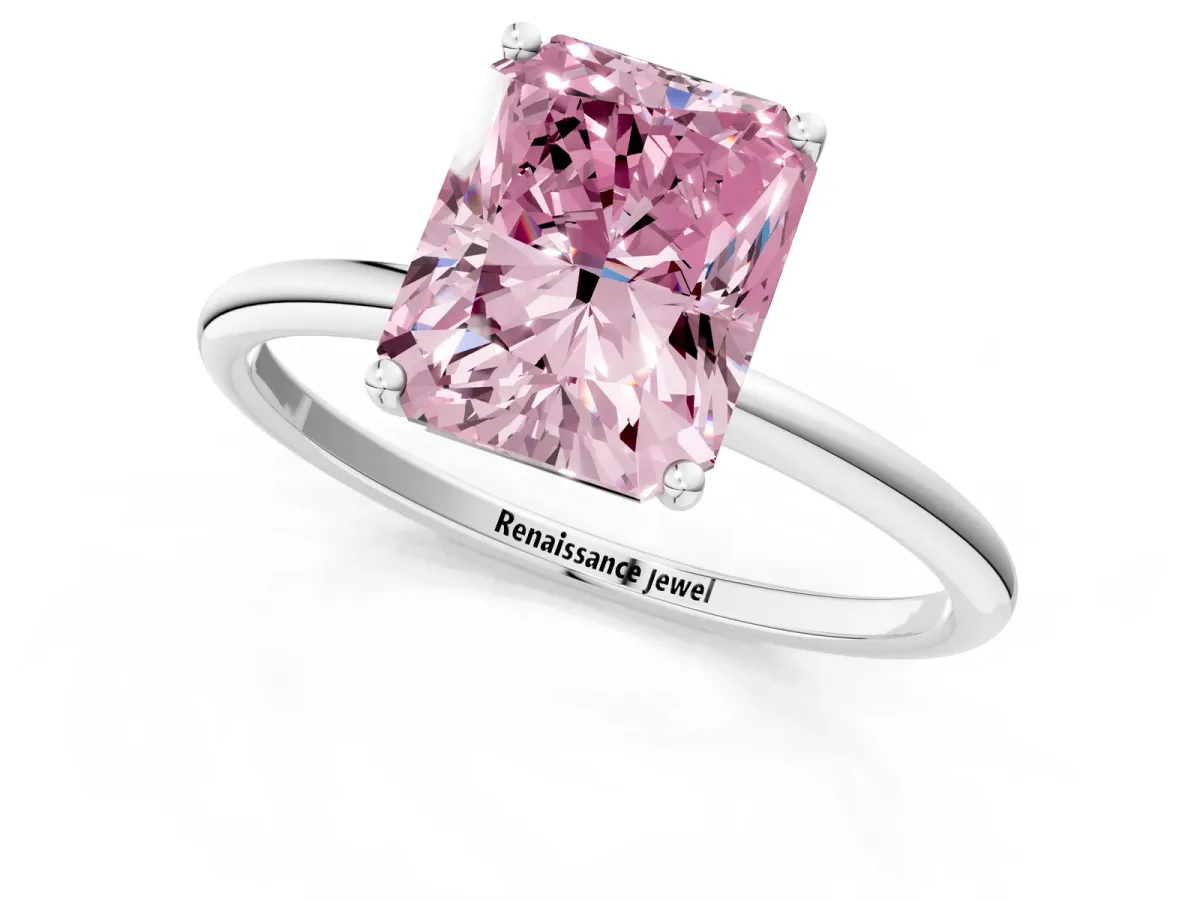 Fancy Pink Radiant Cut Cut Solitaire Engagement Ring with Thin Band and Four-Prong Setting Platinum