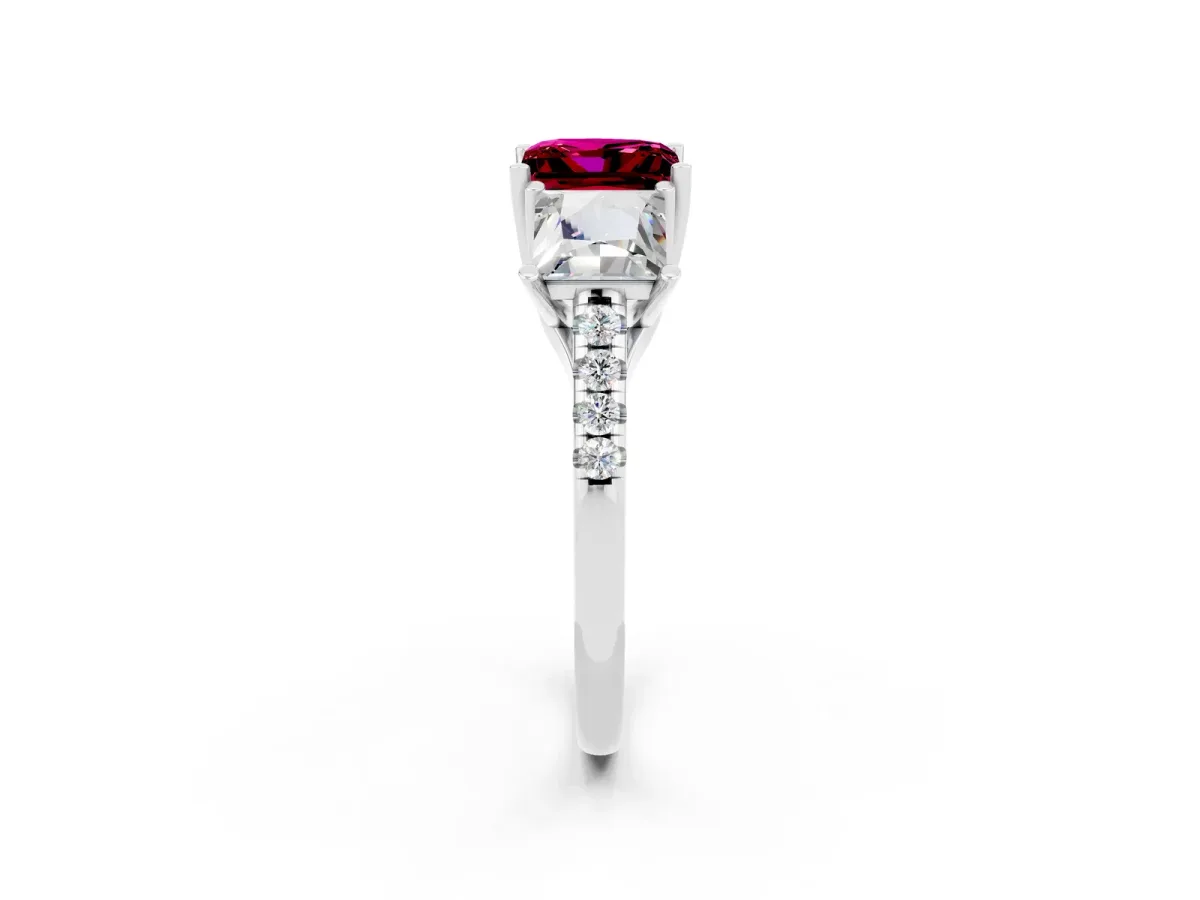 Three-Stone Princess Cut Garnet Ring with Round Pavé Band and Prong Setting Silver
