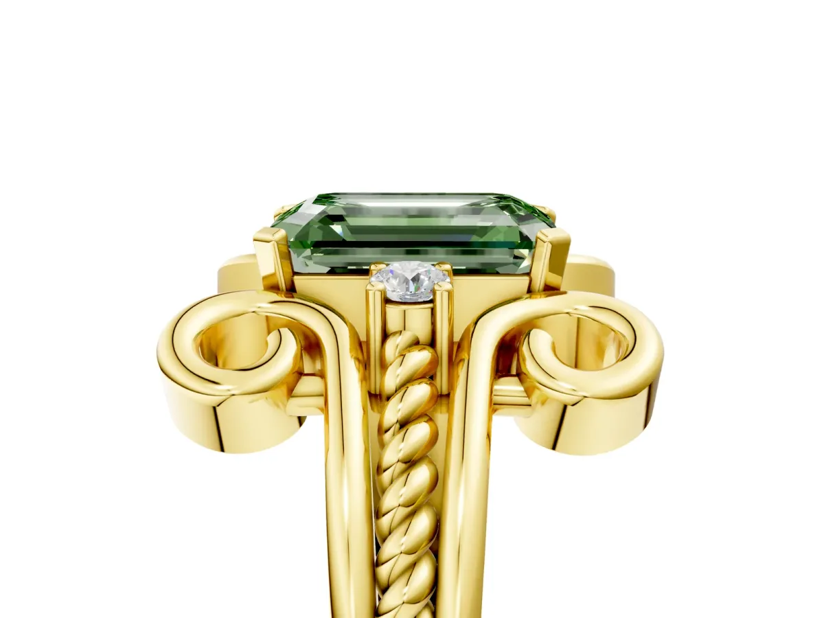 Fancy Green Emerald Cut Solitaire Twisted Band Scroll Prong Ring Yellow gold
