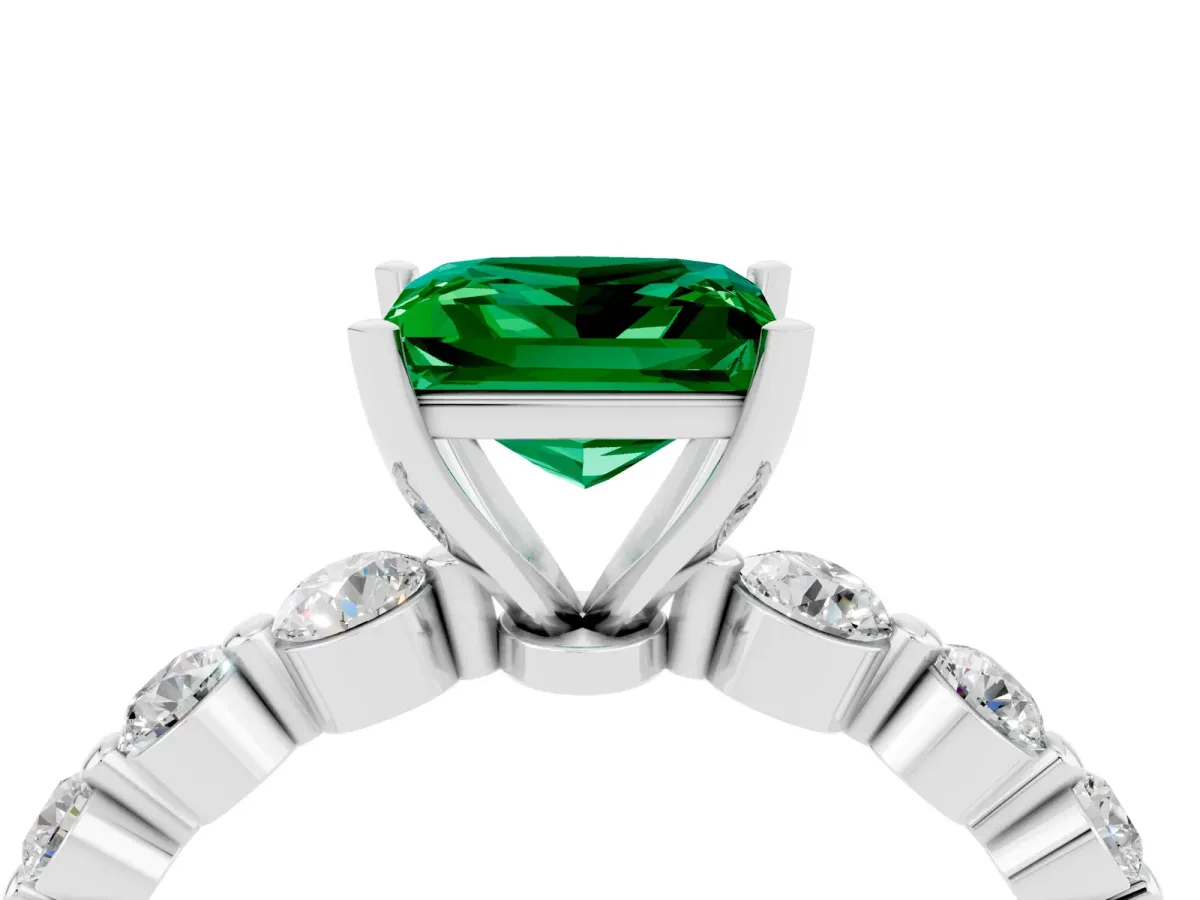 Princess Cut Solitaire Emerald Ring with Pave Band and Four-Prong Setting Platinum