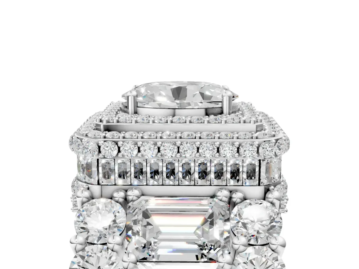 Oval Diamond Halo Mens Ring with Baguette Side Stones Silver