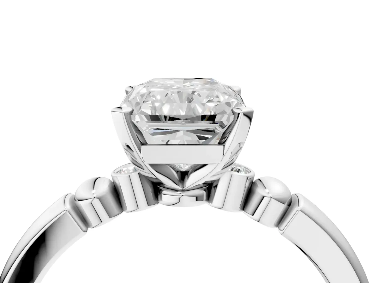 Radiant Cut Solitaire Beaded Band with Four-Prong Setting Platinum