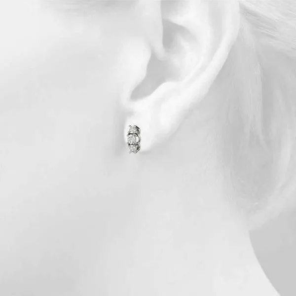 Three-Stone Round Diamond Channel Band Prong-Set Earrings Silver