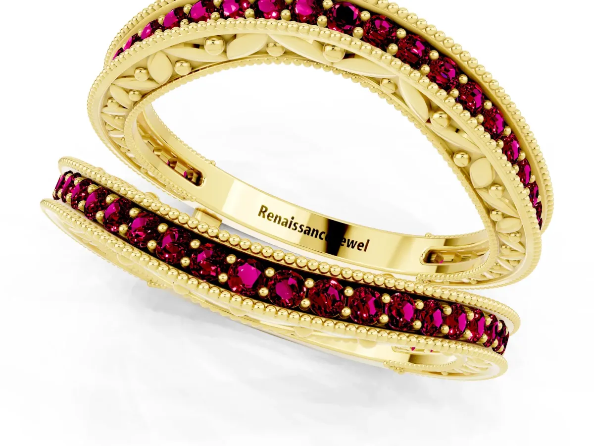 Round Garnet Milgrain Eternity Band with Channel Setting Yellow gold