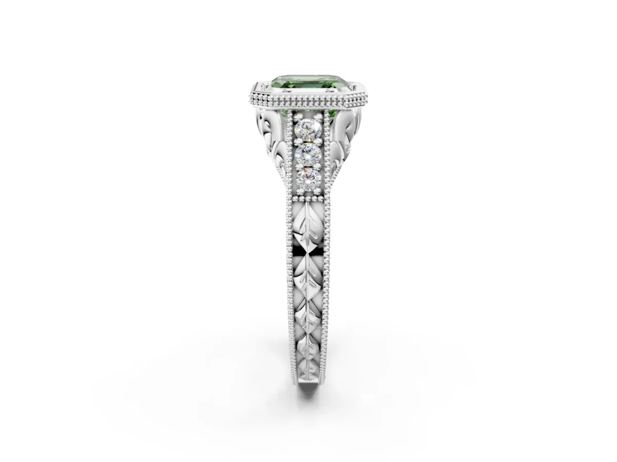 Fancy Green Bezel Set Asscher Cut Diamond Milgrain Pave Engagement Ring Platinum