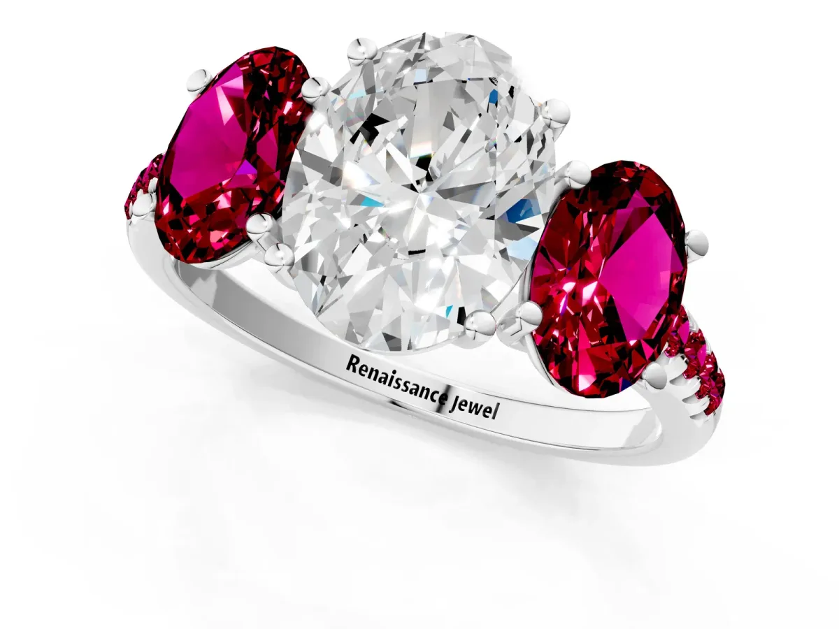 Three-Stone Oval Cut Diamond Ring with Round Garnet Pavé Band and Prong Setting Silver