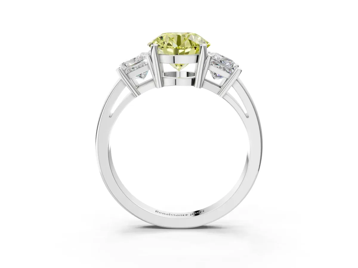 Fancy Yellow Three-Stone Round Cut Cut Solitaire Ring with Prong Setting White gold