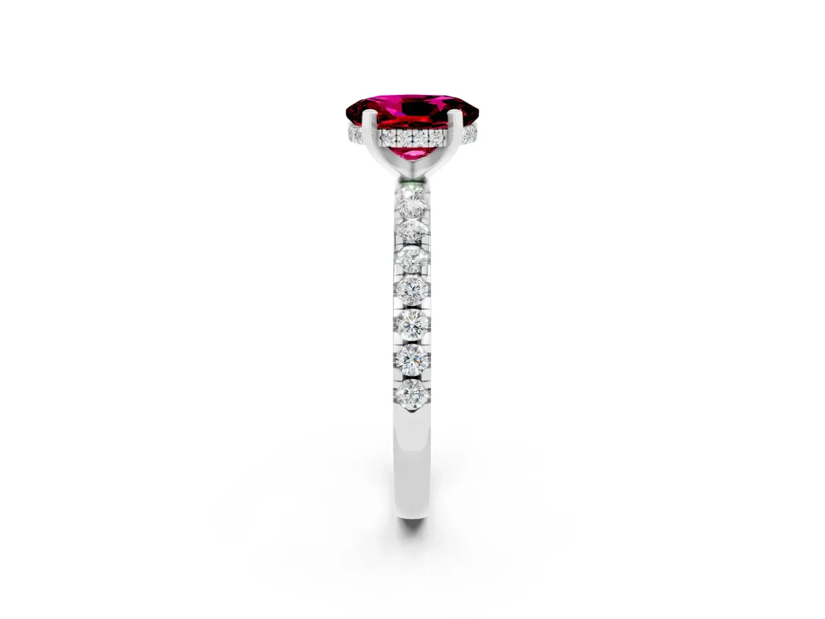 Oval Cut Garnet Solitaire Ring with Round Pavé Band and Four-Prong Setting Silver