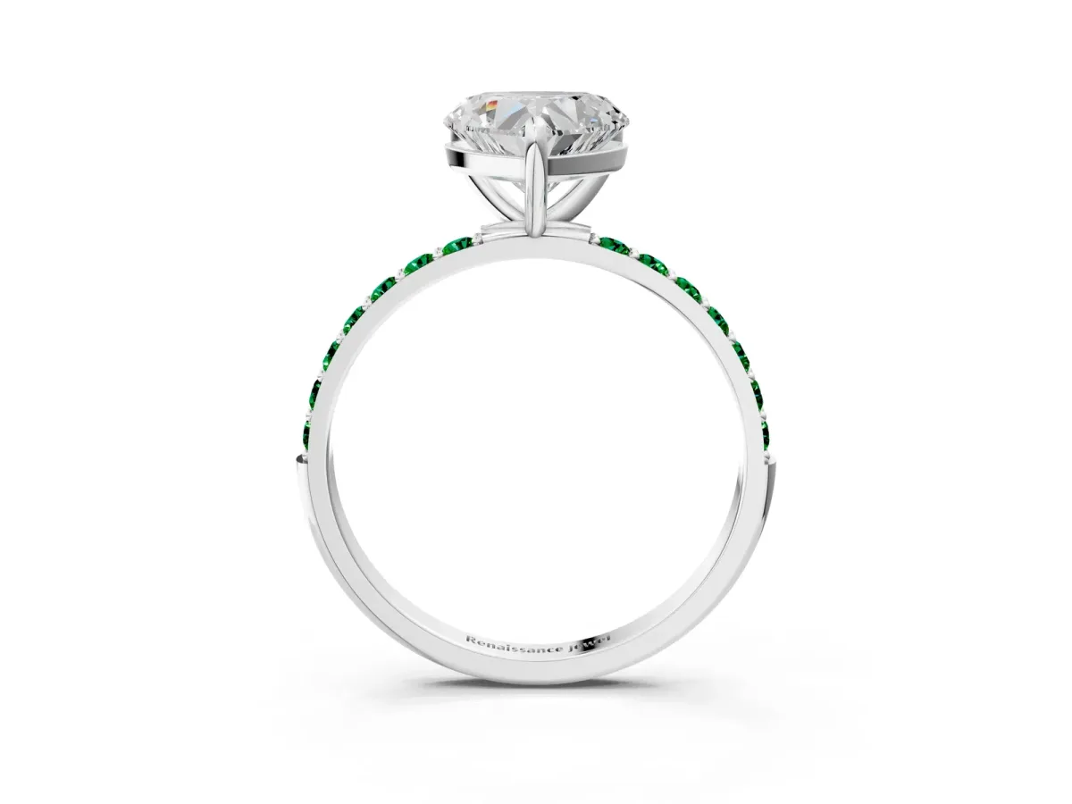 Heart Cut Diamond Solitaire Ring with Round Emerald Pavé Band and Prong Setting Silver