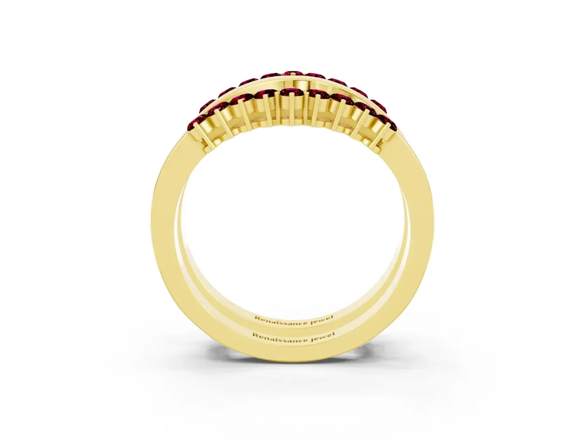 Round Garnet Chevron Contour Band with Prong Setting Yellow gold