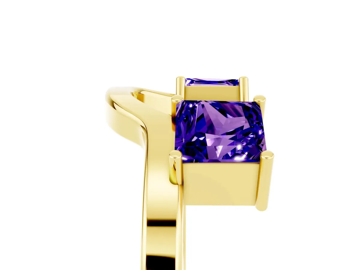 Princess Cut Tanzanite Two-Stone Open Band Ring with Four-Prong Setting Yellow gold