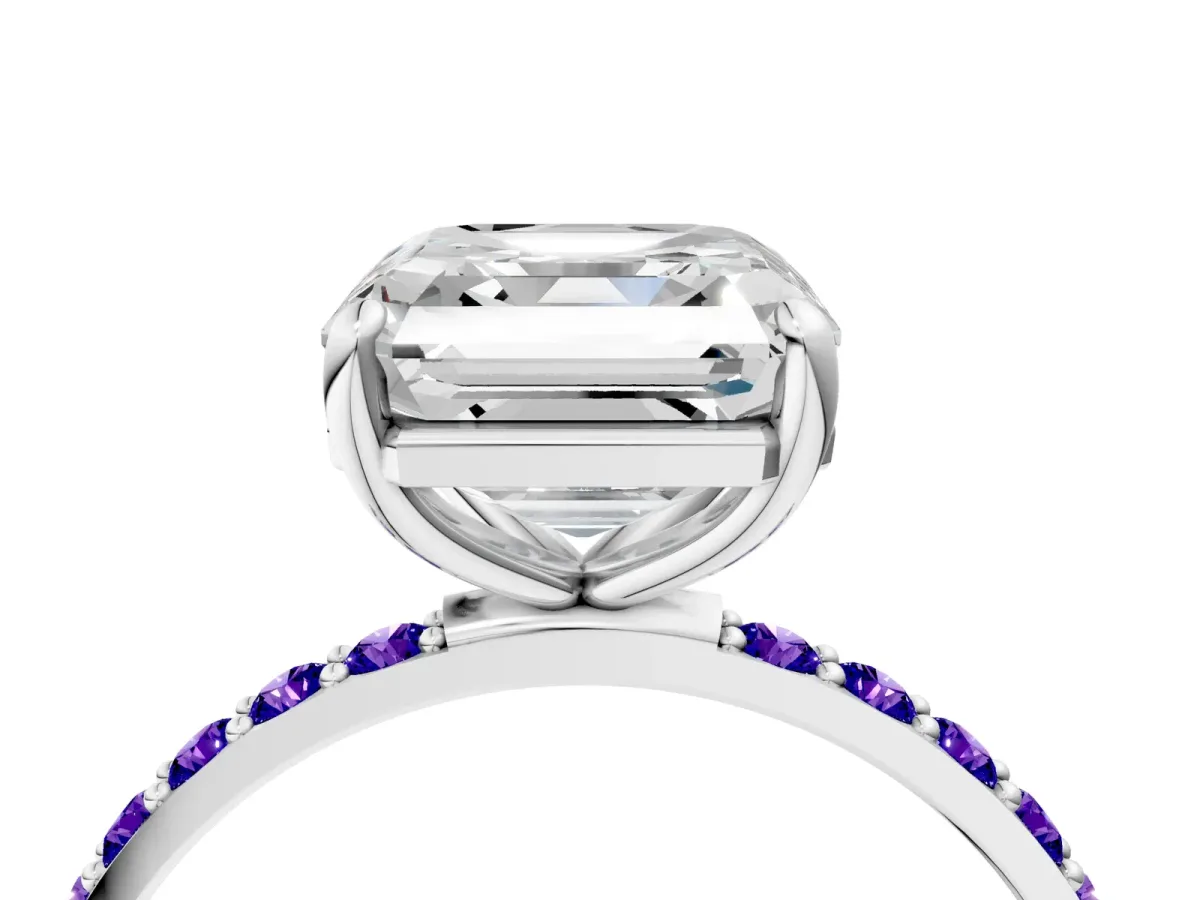 Asscher Cut Diamond Solitaire Ring with Round Tanzanite Pavé Band and Prong Setting Silver