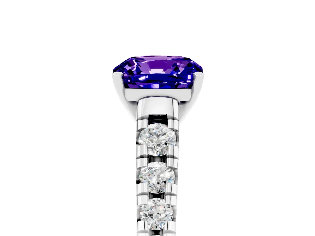 Cushion Cut Tanzanite Cathedral Solitaire Ring with Round Pavé Band Silver