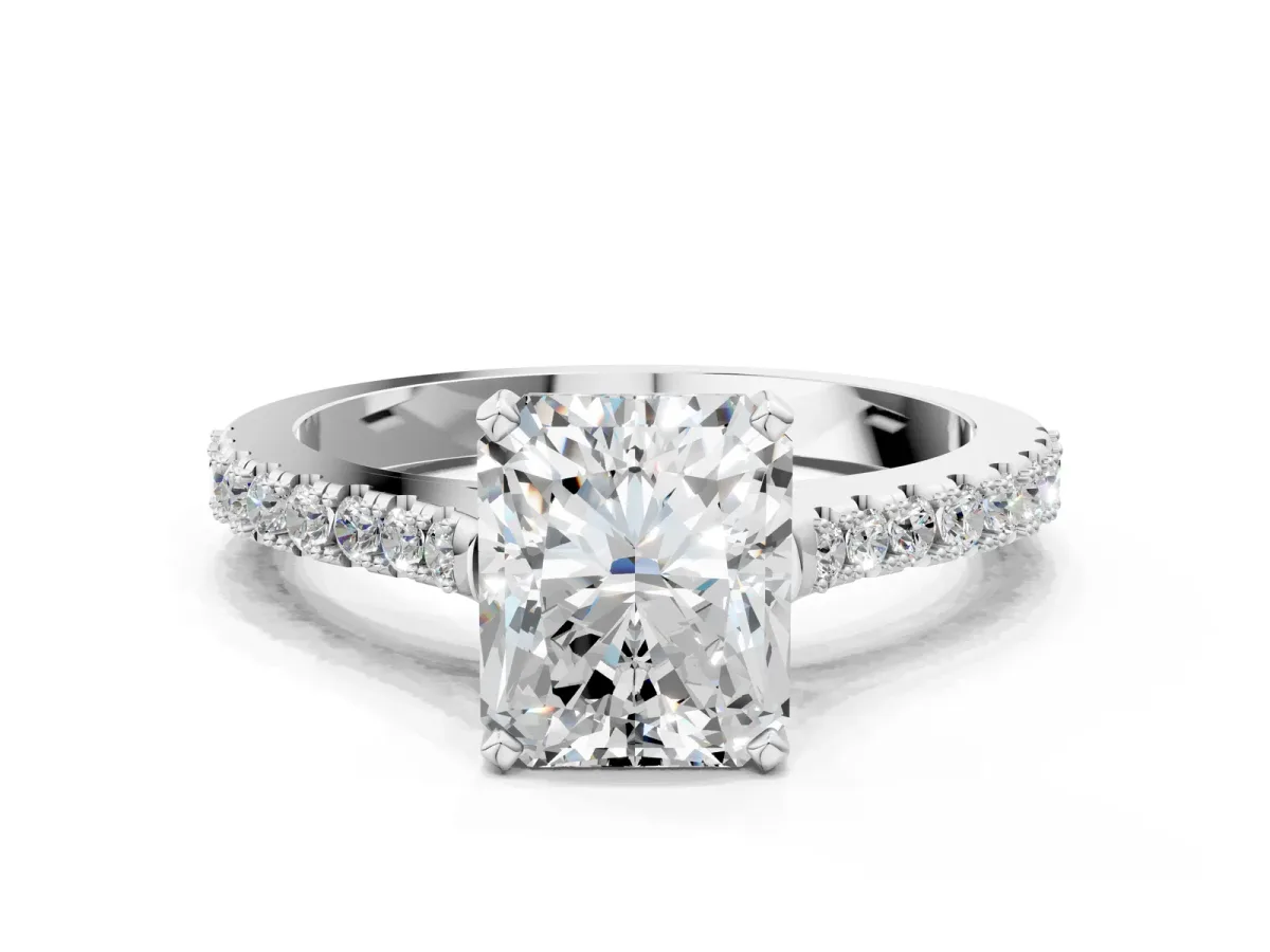 Radiant Cut Cut Solitaire Diamond Engagement Ring with Pave Band and Four-Prong Setting Silver