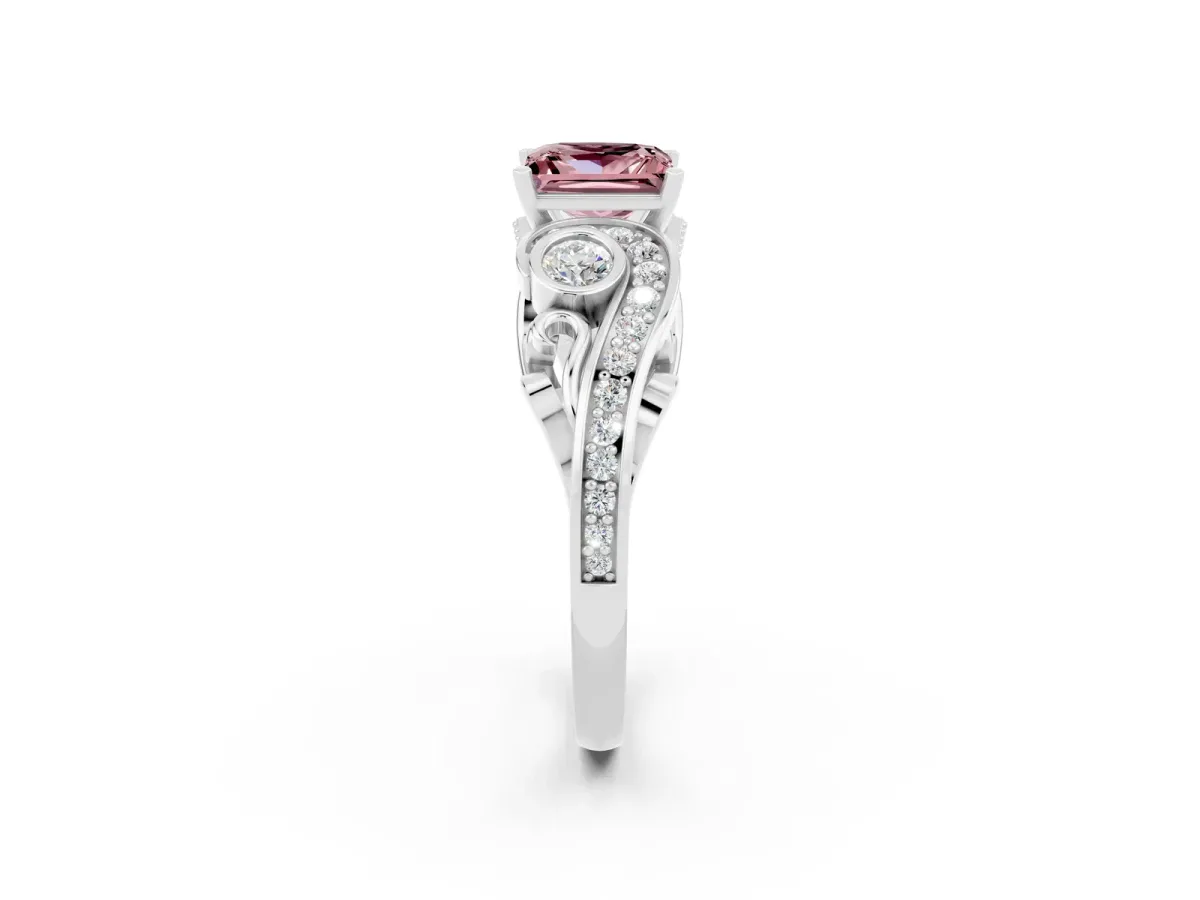 Princess Cut Morganite Solitaire Ring with Milgrain Pavé Band and Four-Prong Setting Silver