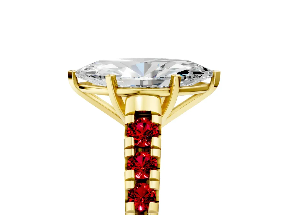 Marquise Cut Diamond Cathedral Solitaire Ring with Round Ruby Pavé Band Yellow gold