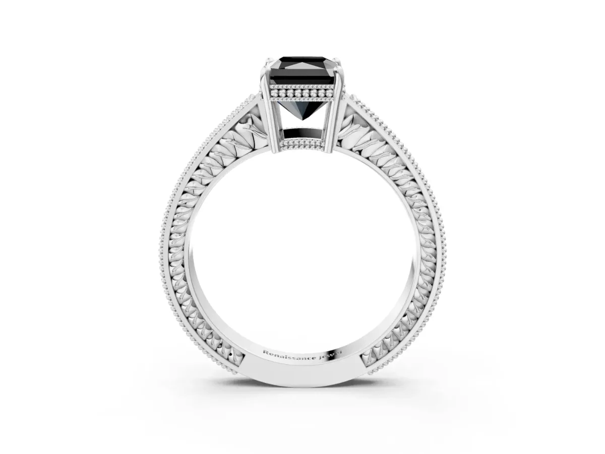 Fancy Black Radiant Cut Cut Diamond Milgrain Pave Band Four-Prong Setting Ring Platinum