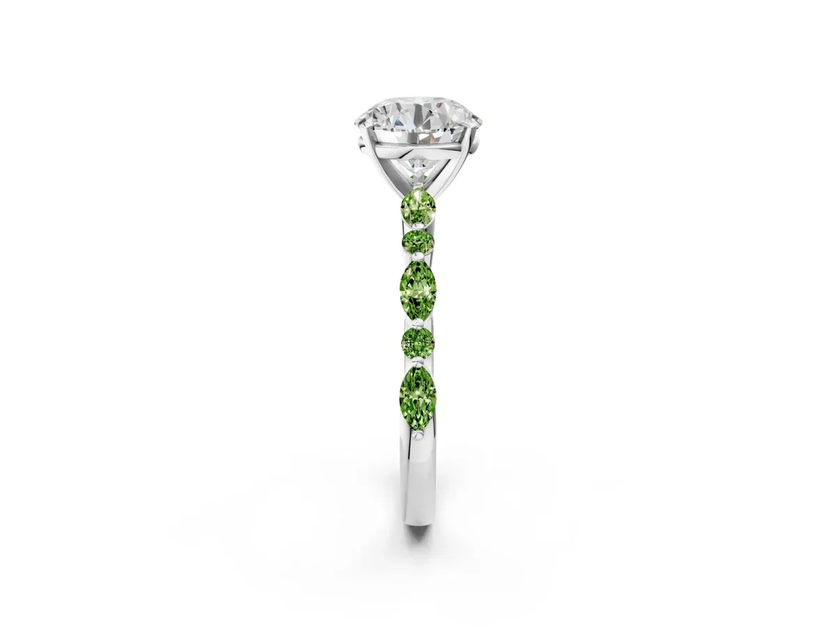 Round Cut Diamond Ring with Marquise and Round Peridot Side Stones and Four-Prong Setting Silver