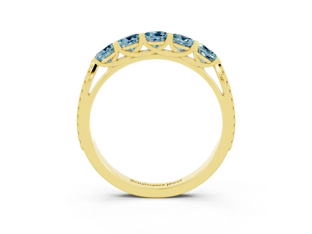 Five-Stone Round Aquamarine Prong-Set Band Yellow gold