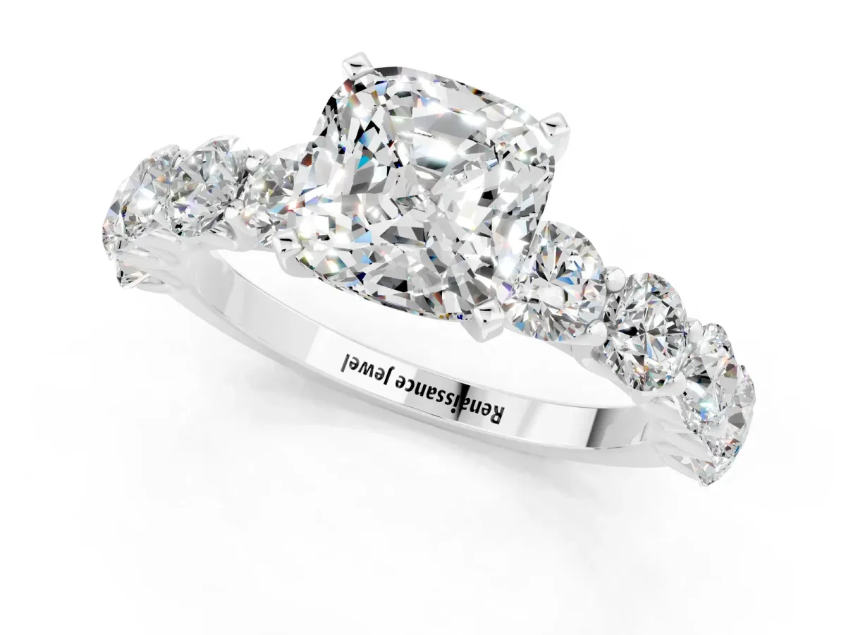 Cushion Cut Moissanite Prong Setting with Side Stones on a Pave Band Silver